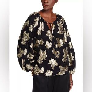 Tommy Bahama Sz XL Shimmering Shores Black Gold Metallic Floral Peasant Top NWT